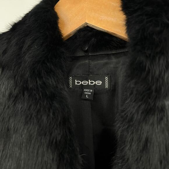 bebe Vintage Leather Jacket Removable Rabbit Fur Collar Black Size Large - Picture 5 of 9